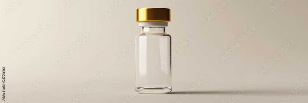 Poster glass vial with a golden cap displayed on a neutral background in a minimalistic setting. generative