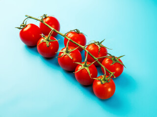 Ripe cherry tomato on vine on blue color background. High quality produce product. Tasty food.
