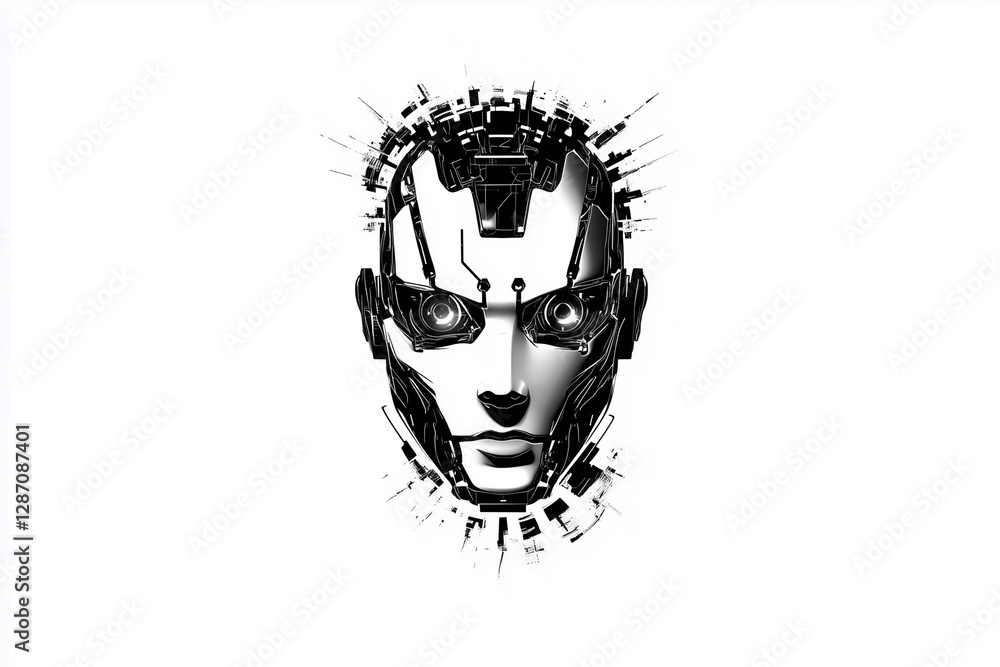Poster a robotic face gazes directly at the viewer with an intricate blend of metallic elements. the clean 