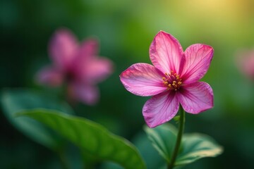 Delicate rose quartz flower surrounded by garnet gemstones in a lush greenery setting, luxury, garnet, elegance