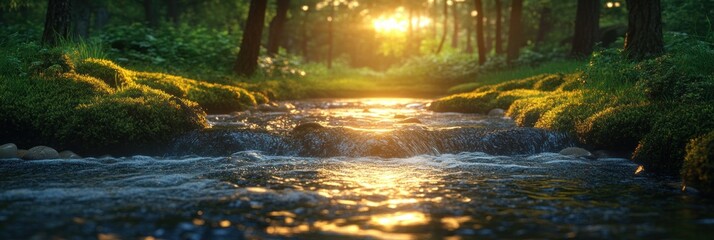 Golden Hour Serenity: A Tranquil Forest Stream