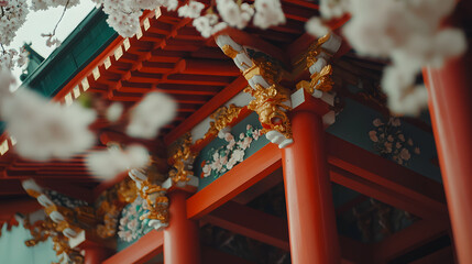 Obraz premium A traditional Japanese pagoda with tiered eaves red wooden pillars and delicate golden ornaments under cherry blossoms.