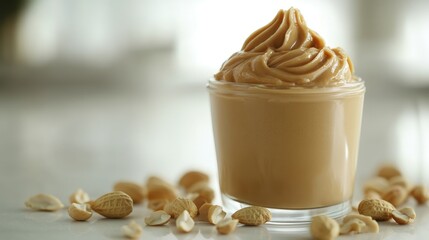Creamy peanut butter in glass jar with peanuts