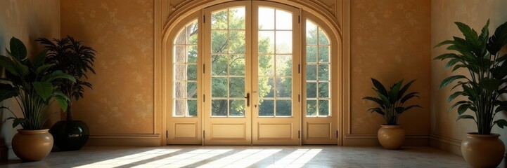 Elegant French doors, sunlight streaming through, garden, design