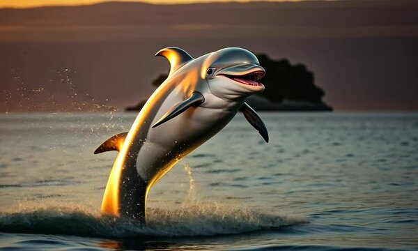 A cheerful young gray dolphin jumps out of the water, crashing into the waves with a playful grin, a small island in the open sea in the background. 4k