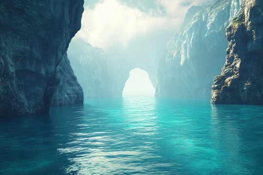 Majestic rock formations and tranquil waters create a serene coastal vista