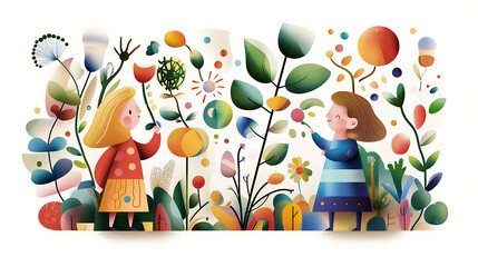 Naklejka premium Creative children exploring nature and colorful plants in whimsical garden