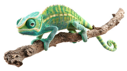 Fototapeta premium vibrant chameleon with green and blue patterns rests on branch, showcasing its unique texture and colors