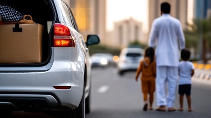 Muslim Family Walking Towards Car on City Street During Sunset