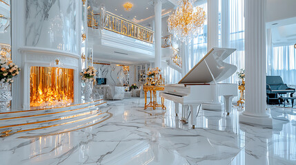 Luxurious interior of villa featuring grand piano, marble floors, and elegant decor. space exudes opulence and sophistication