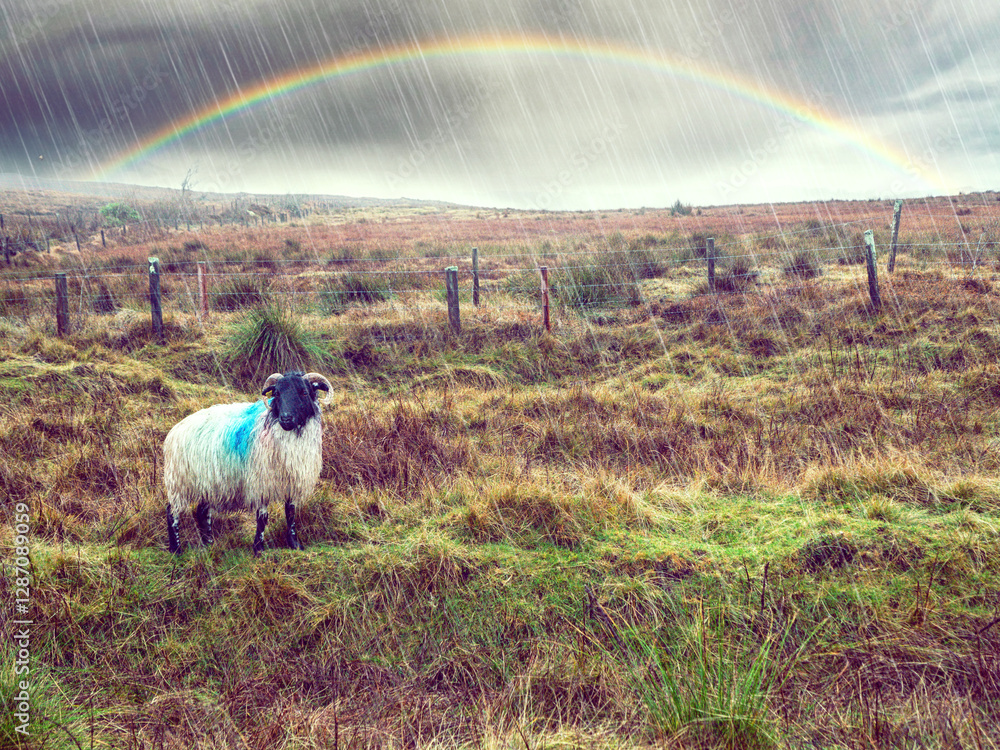 Fototapete cute wool sheep in a field under rain with cloudy sky with rainbow in the background. beautiful mode