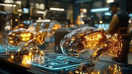 Futuristic robots with glowing circuitry in high tech workshop environment