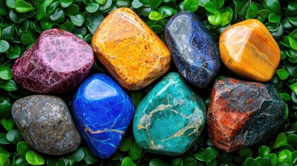 Colorful tumbled stones on green leaves background