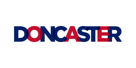 Doncaster city in the United Kingdom design features a geometric style illustration with bold typography in a modern font on white background.