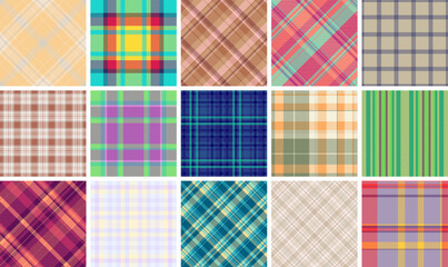 Vibrant collection of 15 seamless plaid patterns.  Perfect for textile design, fashion, website backgrounds, and scrapbooking.