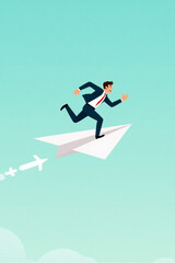 Businessman Flying with Paper Plane Representing Startup Growth
