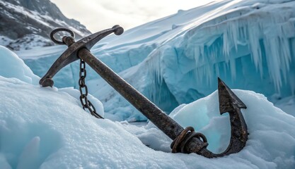 Rustic anchor rests amidst frozen landscape of striking icy glaciers, serene and untouched.
