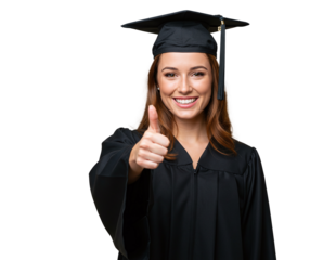 Beautiful smiling female university graduate with thumbs up.
