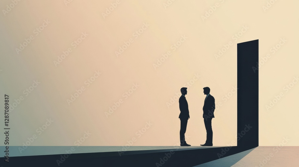 Aufkleber two businesspeople discuss opportunities in front of a door symbolizing potential in a creative art 