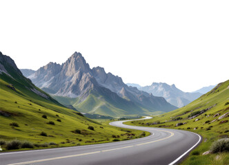 Naklejka premium Scenic Winding Road Leading Through Lush Green Valleys Towards Majestic Mountain Peaks, Inviting Adventure and Exploration, Isolated on Transparent and White Background