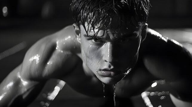 A determined athlete performing a one-arm push-up on a gym mat sweat dripping from his face. - Powered by Adobe