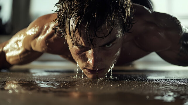 A determined athlete performing a one-arm push-up on a gym mat sweat dripping from his face.