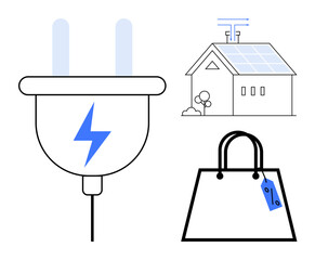 Plug with lightning bolt, solar-powered house with antenna, and shopping bag with price tag. Ideal for sustainable living, green energy, smart technology, e-commerce, renewable resources