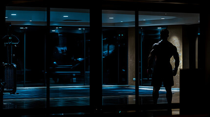 A dimly lit gym with a lone athlete shadowboxing in front of a large mirror focus and intensity in every movement.