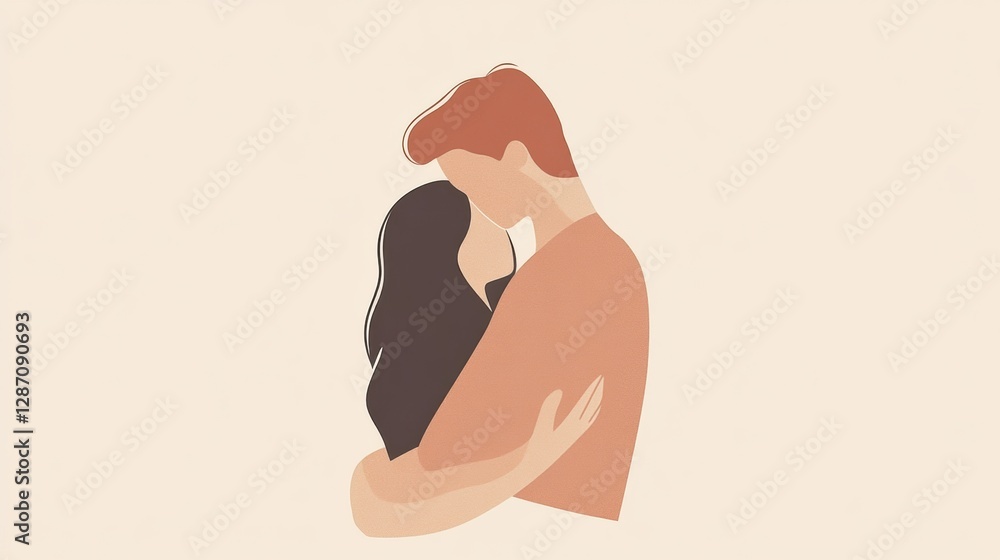 Poster Two people share a warm embrace in a minimalist setting during a calm moment together. Generative AI