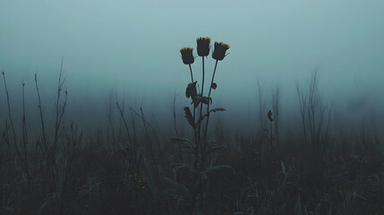 Foggy field, withered flowers, misty background, autumnal mood, nature photography