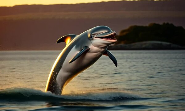 A cheerful young gray dolphin jumps out of the water, crashing into the waves with a playful grin, a small island in the open sea in the background. 4k
