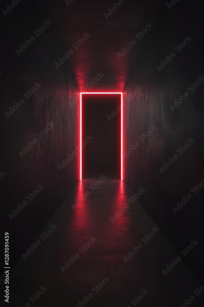 Poster mysterious glowing red neon doorway in dark room with fog effect. empty mystical portal in black spa