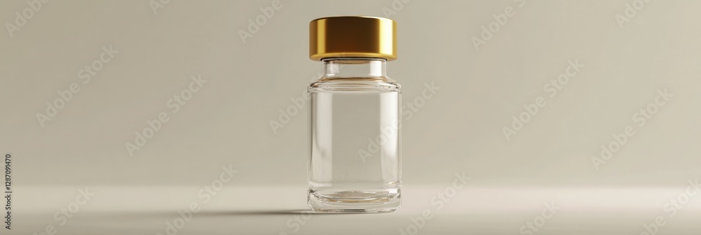 Aufkleber Clear glass bottle with golden lid placed on a neutral background showcasing potential for various uses. Generative AI