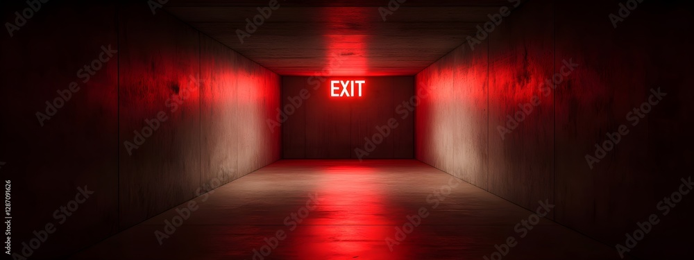 Poster dark concrete tunnel with glowing red exit sign and dramatic lighting. underground passage with emer