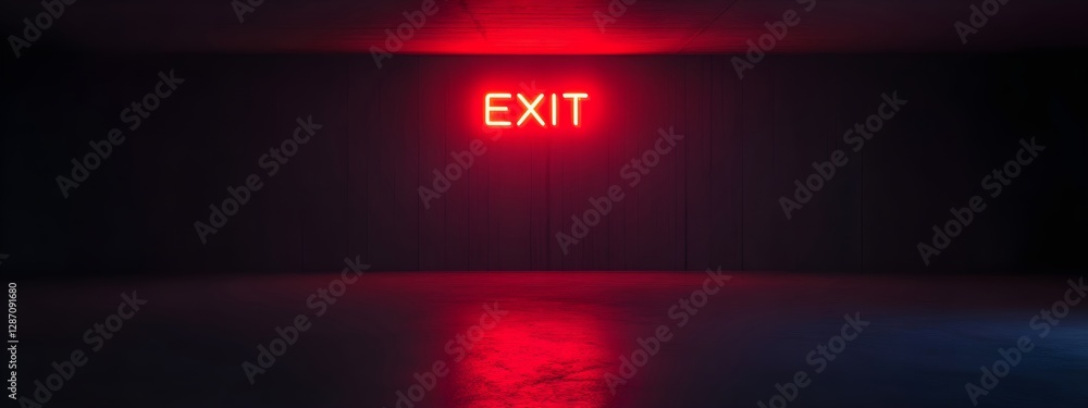 Poster red glowing exit sign in dark environment with reflection on surface. emergency escape direction ind