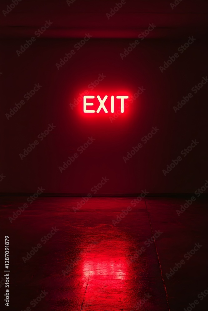 Poster red illuminated exit sign glowing in dark room with reflection on floor. emergency evacuation lighti