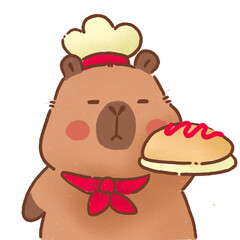 Cute cartoon capybara chef holding hot dog with ketchup, wearing chef hat and red scarf