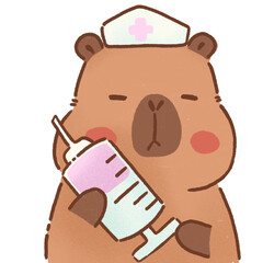 Cute capybara nurse holding syringe, ready to help with vaccinations and care