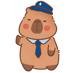 Cute cartoon capybara character wearing police uniform with hat and tie, expressing serious demeanor