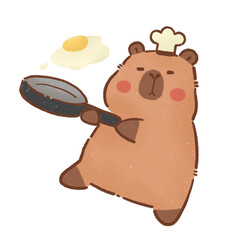 Cute capybara chef holding frying pan with egg, showcasing culinary skills and joy in cooking