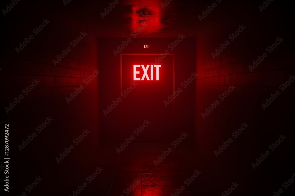 Poster red glowing exit sign illuminated in dark with dramatic lighting and copy space. emergency evacuatio