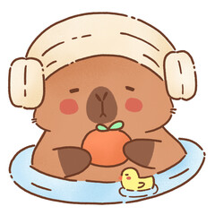 Cute cartoon capybara animal holding orange, relaxing in water with duck