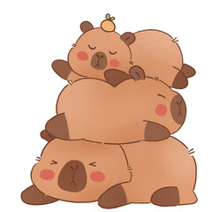 Cute cartoon capybara stacked together, showcasing playful expressions and cozy vibe