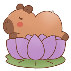 Cute capybara resting on lotus flower, conveying sense of peace and tranquility