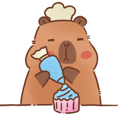Cute capybara chef decorating cupcake with blue icing, showcasing creativity and joy in baking