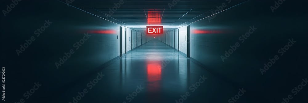 Poster dark empty corridor with glowing red exit sign and reflection on floor. emergency escape route in of
