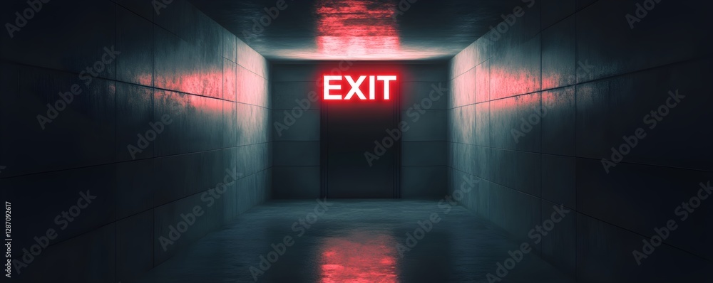 Poster dark concrete tunnel with glowing red exit sign and reflection on wet floor. underground passage wit