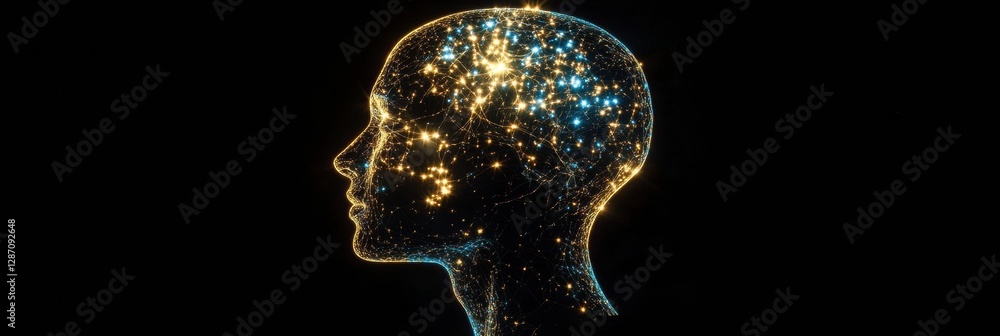 Poster Exploration of artificial intelligence through human like profile with neural connections and glowing synapses. Generative AI
