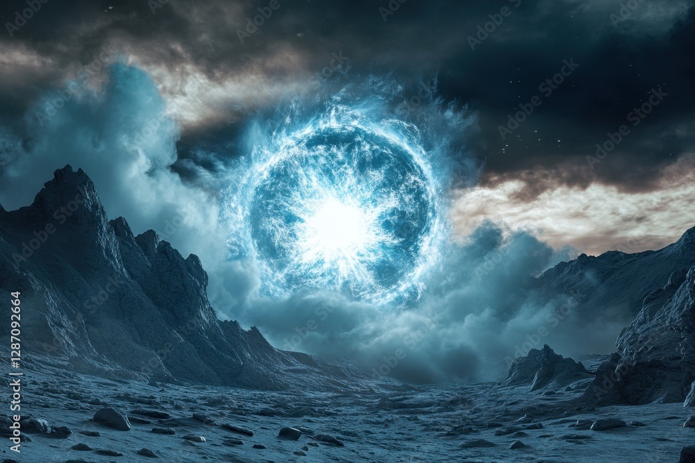 Poster celestial explosion illuminates a desolate landscape at twilight
