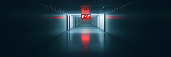 Dark empty corridor with glowing red exit sign and reflection on floor. Emergency escape route in office building interior. Modern minimalist architecture with dramatic lighting